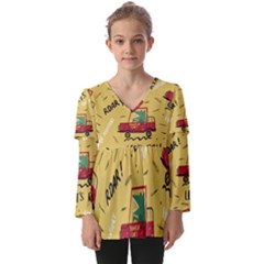Childish-seamless-pattern-with-dino-driver Kids  V Neck Casual Top