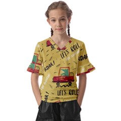 Childish-seamless-pattern-with-dino-driver Kids  V-neck Horn Sleeve Blouse