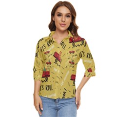 Childish-seamless-pattern-with-dino-driver Women s Quarter Sleeve Pocket Shirt