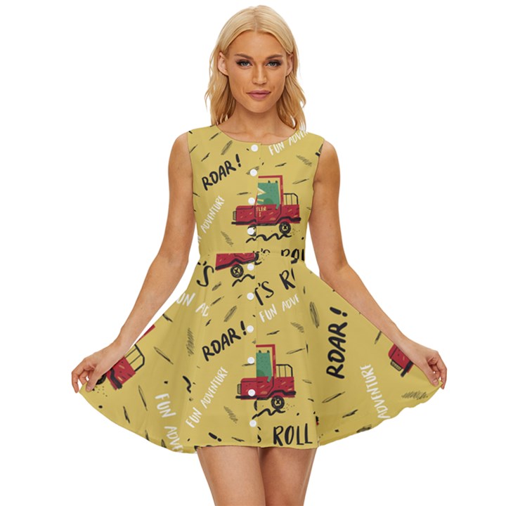 Childish-seamless-pattern-with-dino-driver Sleeveless Button Up Dress