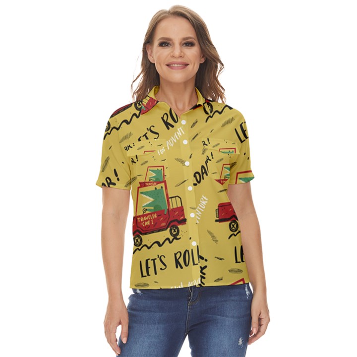 Childish-seamless-pattern-with-dino-driver Women s Short Sleeve Double Pocket Shirt