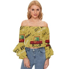 Childish-seamless-pattern-with-dino-driver Off Shoulder Flutter Bell Sleeve Top