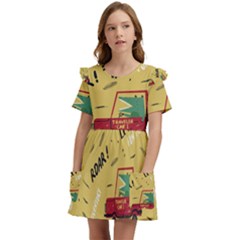 Childish-seamless-pattern-with-dino-driver Kids  Frilly Sleeves Pocket Dress