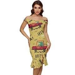 Childish-seamless-pattern-with-dino-driver Off Shoulder Ruffle Split Hem Bodycon Dress