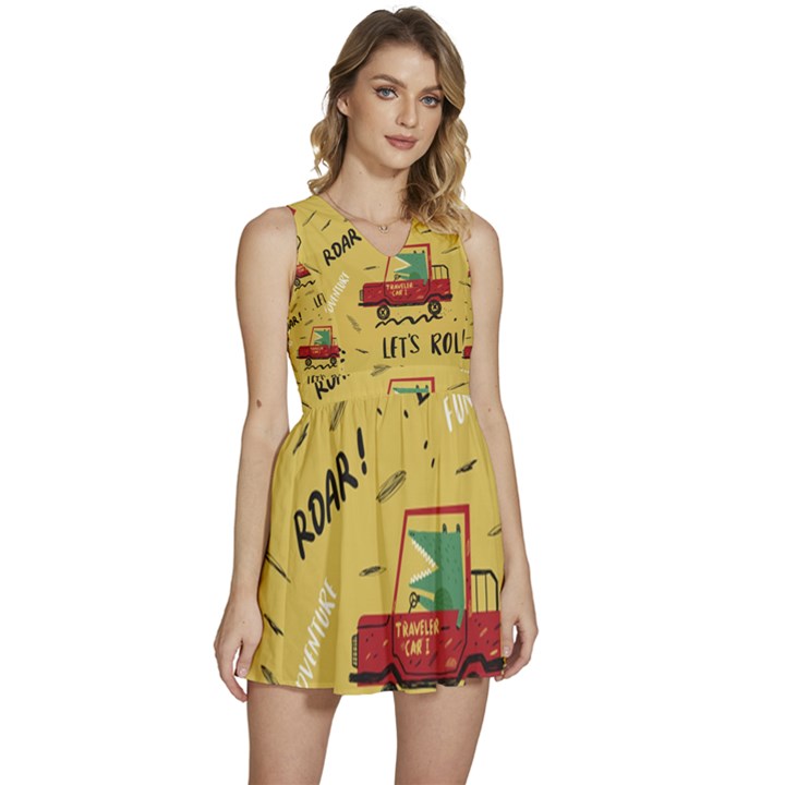 Childish-seamless-pattern-with-dino-driver Sleeveless High Waist Mini Dress