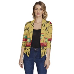 Childish-seamless-pattern-with-dino-driver Women s Draped Front 3/4 Sleeve Shawl Collar Jacket