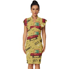 Childish-seamless-pattern-with-dino-driver Vintage Frill Sleeve V-neck Bodycon Dress