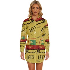 Childish-seamless-pattern-with-dino-driver Womens Long Sleeve Shirt Dress