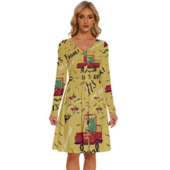 Childish-seamless-pattern-with-dino-driver Long Sleeve Dress With Pocket