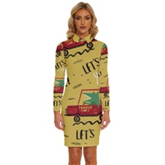 Childish-seamless-pattern-with-dino-driver Long Sleeve Shirt Collar Bodycon Dress