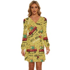 Childish-seamless-pattern-with-dino-driver Long Sleeve Waist Tie Ruffle Velvet Dress by Vaneshart