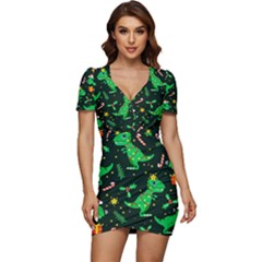 Christmas-funny-pattern Dinosaurs Low Cut Cap Sleeve Mini Dress