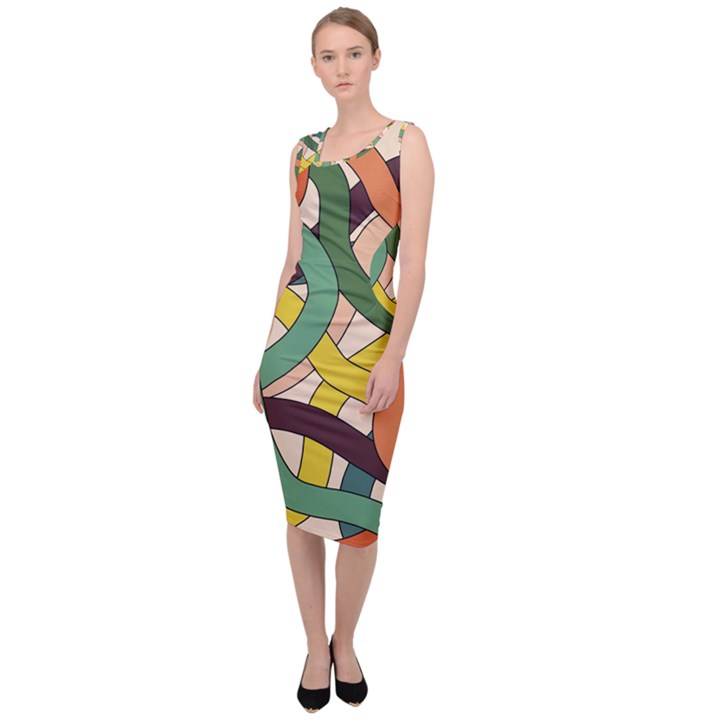 Snake Stripes Intertwined Abstract Sleeveless Pencil Dress