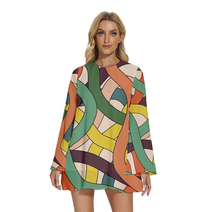 Snake Stripes Intertwined Abstract Round Neck Long Sleeve Bohemian Style Chiffon Mini Dress