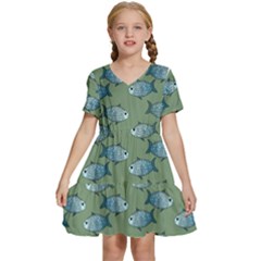 Fishes Pattern Background Theme Kids  Short Sleeve Tiered Mini Dress