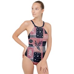 Floral Wall Art High Neck One Piece Swimsuit