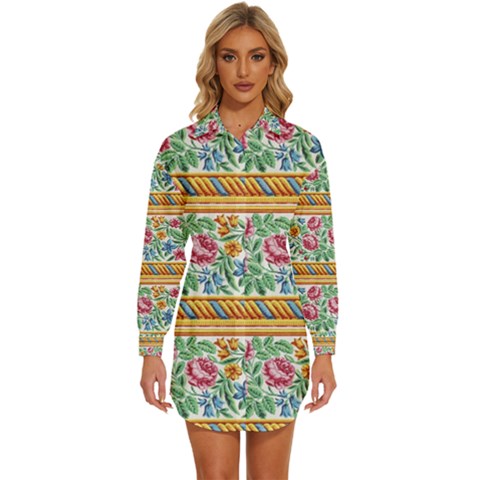 Flower Fabric Design Womens Long Sleeve Shirt Dress by Vaneshop