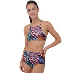 3d Flower Bloom Embossed Pattern High Waist Tankini Set