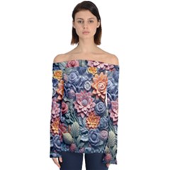 3d Flower Bloom Embossed Pattern Off Shoulder Long Sleeve Top by Vaneshop