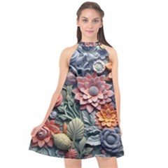 3d Flower Bloom Embossed Pattern Halter Neckline Chiffon Dress  by Vaneshop