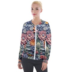 3d Flower Bloom Embossed Pattern Velvet Zip Up Jacket by Vaneshop