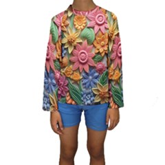 Flower Bloom Embossed Pattern Kids  Long Sleeve Swimwear by Vaneshop