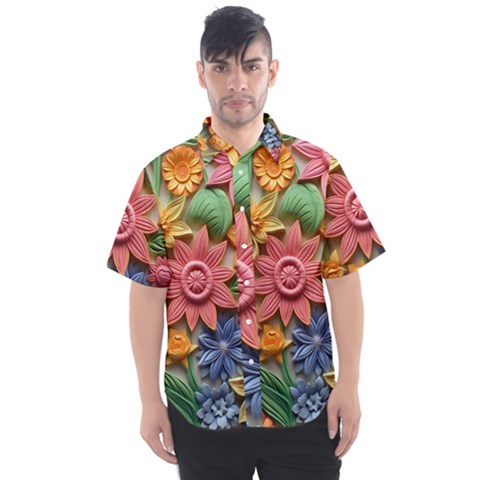 Flower Bloom Embossed Pattern Men s Short Sleeve Shirt by Vaneshop