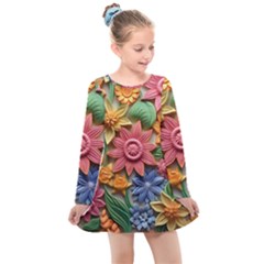 Flower Bloom Embossed Pattern Kids  Long Sleeve Dress by Vaneshop