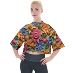 Flower Bloom Embossed Pattern Mock Neck Tee by Vaneshop