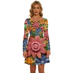 Flower Bloom Embossed Pattern Long Sleeve Wide Neck Velvet Dress by Vaneshop