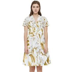 Flowers Gold Floral Short Sleeve Waist Detail Dress by Vaneshop