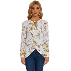 Flowers Gold Floral Long Sleeve Crew Neck Pullover Top by Vaneshop