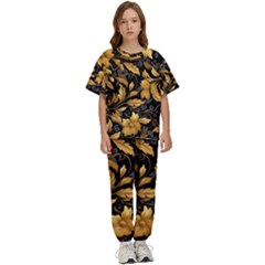 Flower Gold Floral Kids  Tee And Pants Sports Set