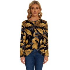 Flower Gold Floral Long Sleeve Crew Neck Pullover Top by Vaneshop