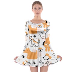 Seamless Pattern Of Cute Dog Puppy Cartoon Funny And Happy Long Sleeve Skater Dress by Wav3s