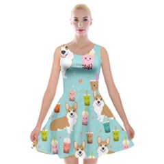 Welsh Corgi Boba Tea Bubble Cute Kawaii Dog Breed Velvet Skater Dress by Wav3s