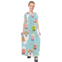 Welsh Corgi Boba Tea Bubble Cute Kawaii Dog Breed Kids  Short Sleeve Maxi Dress by Wav3s