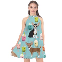 Chihuahua Bubble Kawaii Boba Tea Cute Dog Halter Neckline Chiffon Dress  by Wav3s