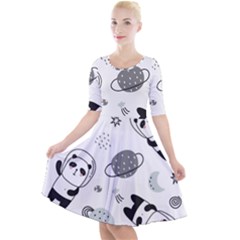 Panda Floating In Space And Star Quarter Sleeve A-line Dress