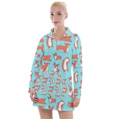 Corgis On Teal Women s Long Sleeve Casual Dress by Wav3s