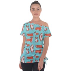 Corgis On Teal Off Shoulder Tie-up Tee