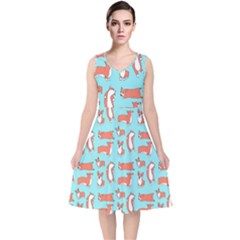 Corgis On Teal V-neck Midi Sleeveless Dress  by Wav3s