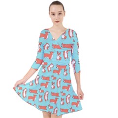 Corgis On Teal Quarter Sleeve Front Wrap Dress by Wav3s