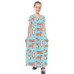 Corgis On Teal Kids  Short Sleeve Maxi Dress