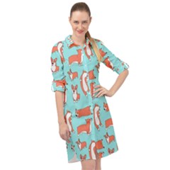 Corgis On Teal Long Sleeve Mini Shirt Dress by Wav3s