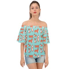 Corgis On Teal Off Shoulder Short Sleeve Top