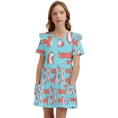 Corgis On Teal Kids  Frilly Sleeves Pocket Dress