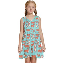 Corgis On Teal Kids  Sleeveless Tiered Mini Dress by Wav3s