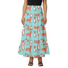 Corgis On Teal Tiered Ruffle Maxi Skirt by Wav3s