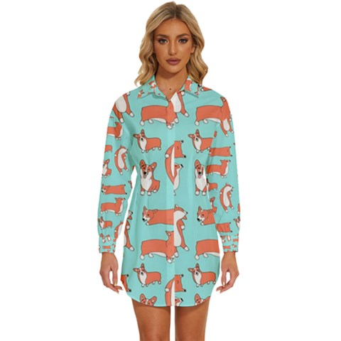 Corgis On Teal Womens Long Sleeve Shirt Dress by Wav3s